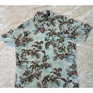 Campia Mens XL Hawaiian Shirt Light Blue Rayon Tropical Palm Tree Floral Print